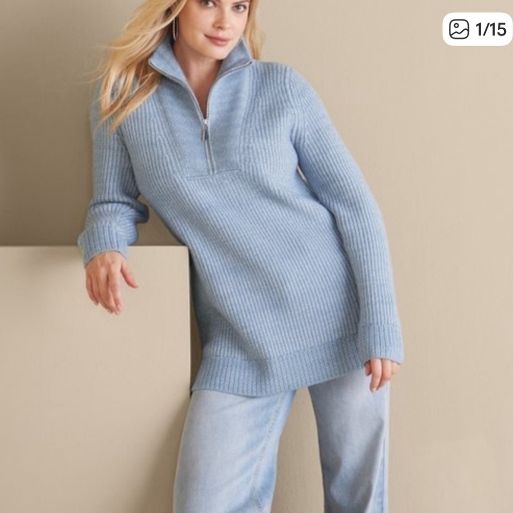 Soft Surroundings Hallie Knit Half Zip Sweater Faded Denim Blue Wool Blend